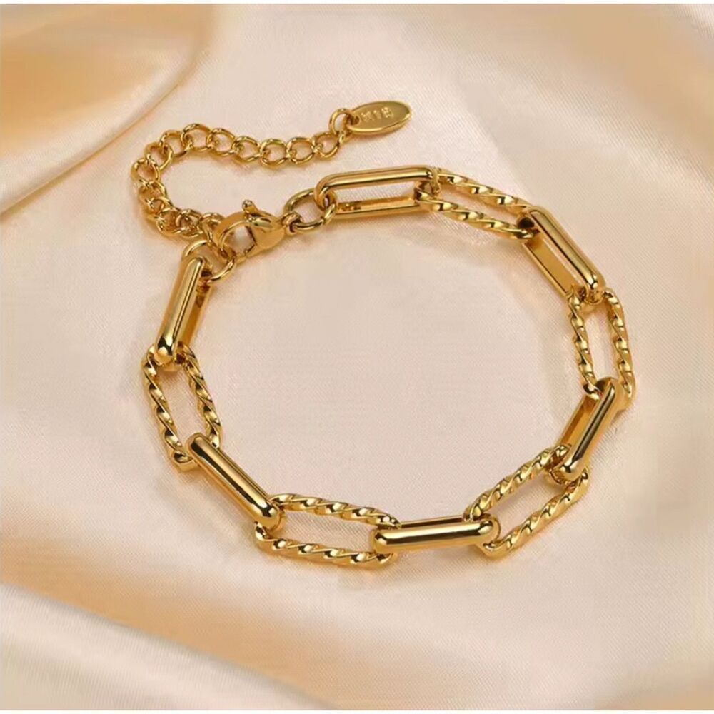 Paperclip 18k Gold Plated Stainless Steel Chain Bracelet Adjustable Chic Trendy